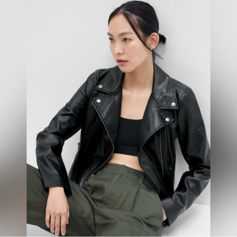 GAP Vegan Faux Leather Bikercore Full Zip Moto Jacket Women’s True Black Small - Picture 4 of 14